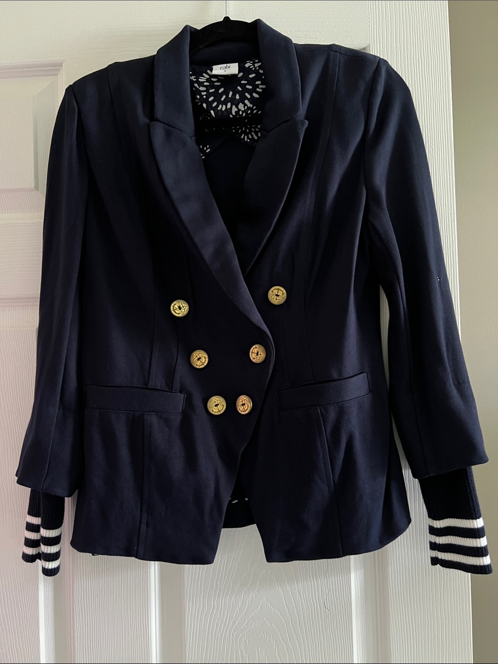 CAbi Navy Double-Breasted Blazer with Gold Buttons and Striped Cuffs